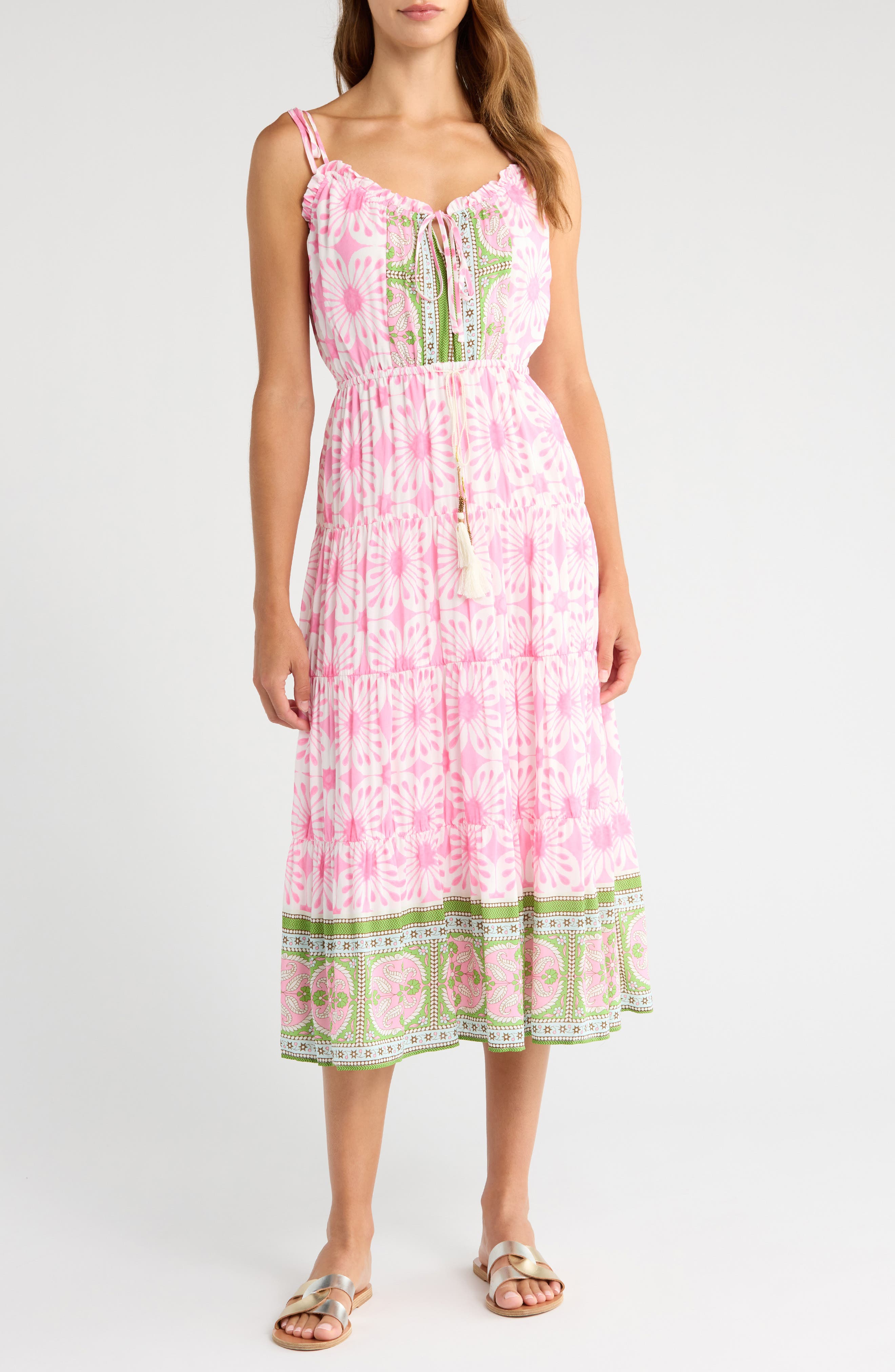 ALICIA BELL Holiday Tie Strap Midi Dress in Pink Green Print 