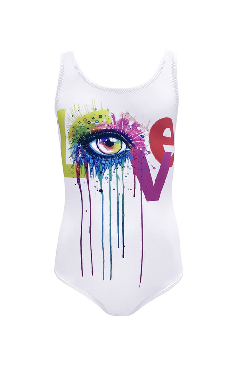 NESSI BYRD Watercolor Splash 'LOVE' Graphic One-Piece Swimsuit, Toddler, Little Kid & Big Kid, Main, color, White
