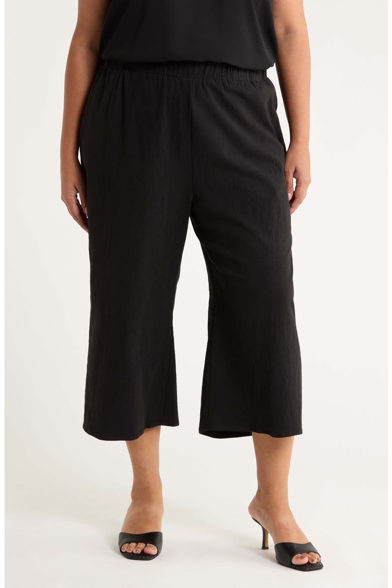 Isha Wide Leg Cotton & Linen Blend Capri Pants, Main, color, BLACK