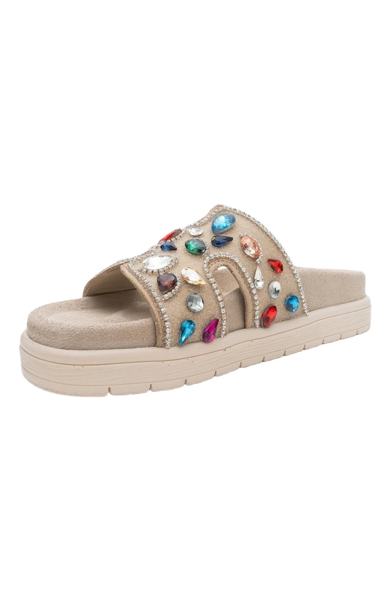 Forever 
Always Shoes Denilla Leather Embellished Slide Sandal, Alternate, color, Beige Leather