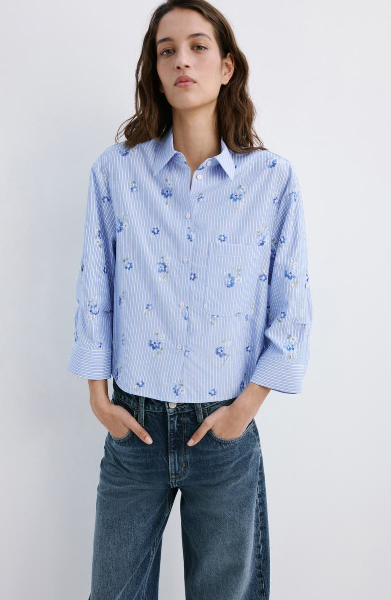 MANGO Embroidered Stripe Button-Up Shirt, Alternate, color, Sky Blue
