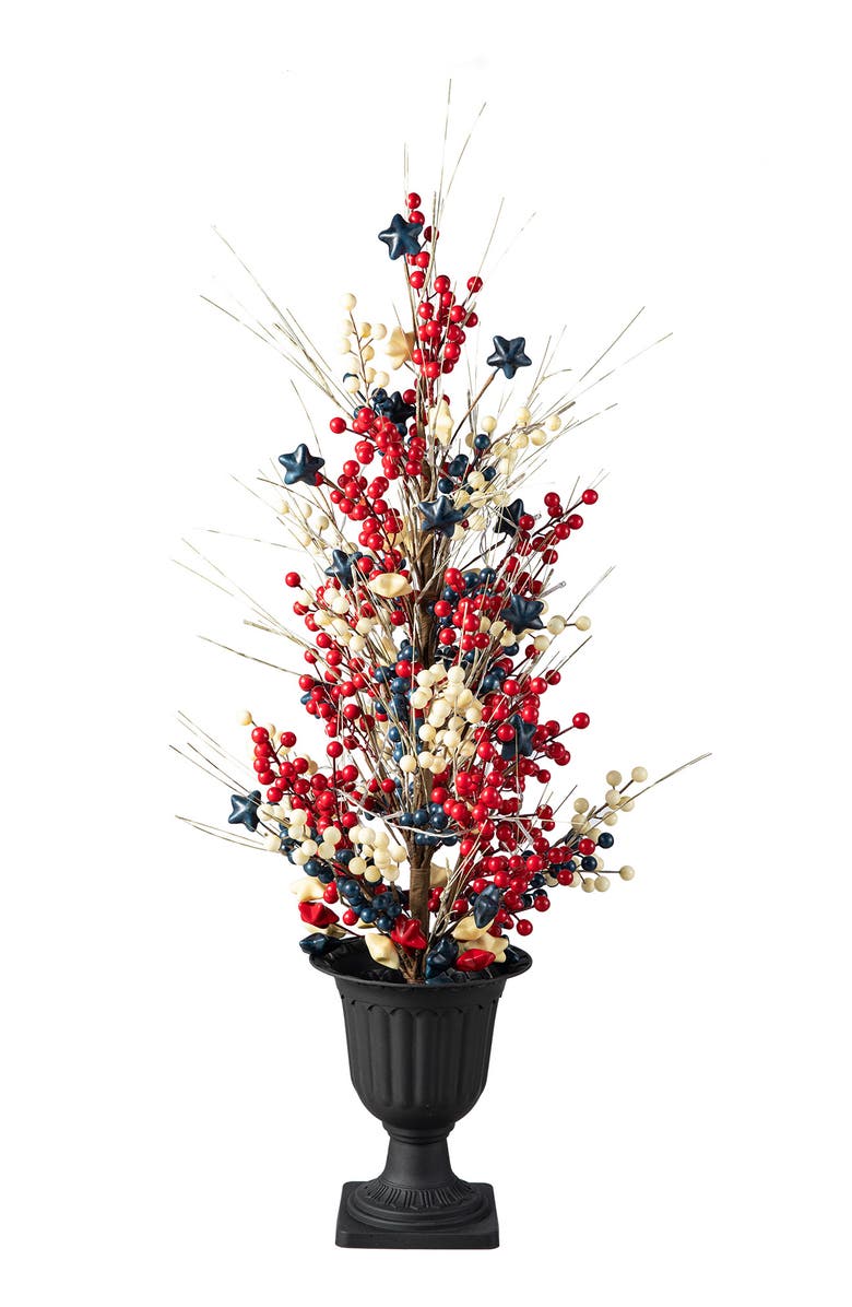 Glitzhome 3ft Patriotic Americana Lighted Berry Stars Urn Porch Tree with Timer, Alternate, color, Blue
