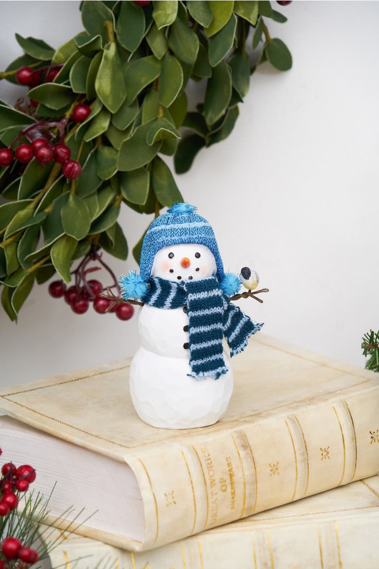 Plaid Scarf Snowman Chickadee Small Christmas Figurine, Alternate, color, Blue