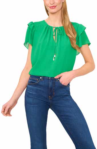 CeCe Tie Neck Flutter Sleeve Top