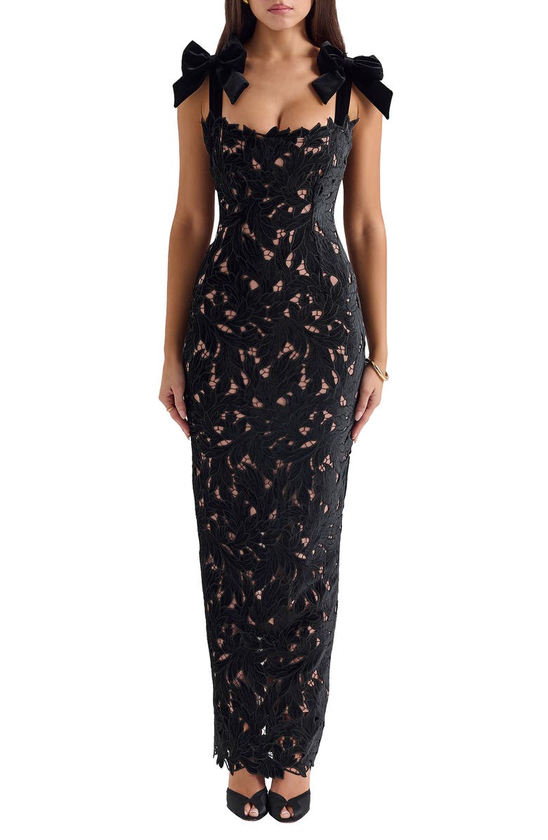 HOUSE OF CB Tiff Velvet Lace Body-Con Gown, Main, color, Black