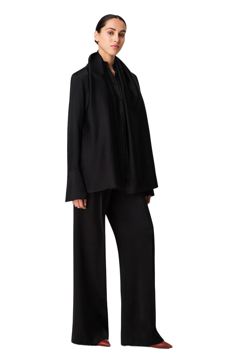 Another Tomorrow Band Collar Blouse with Scarf, Main, color, Black