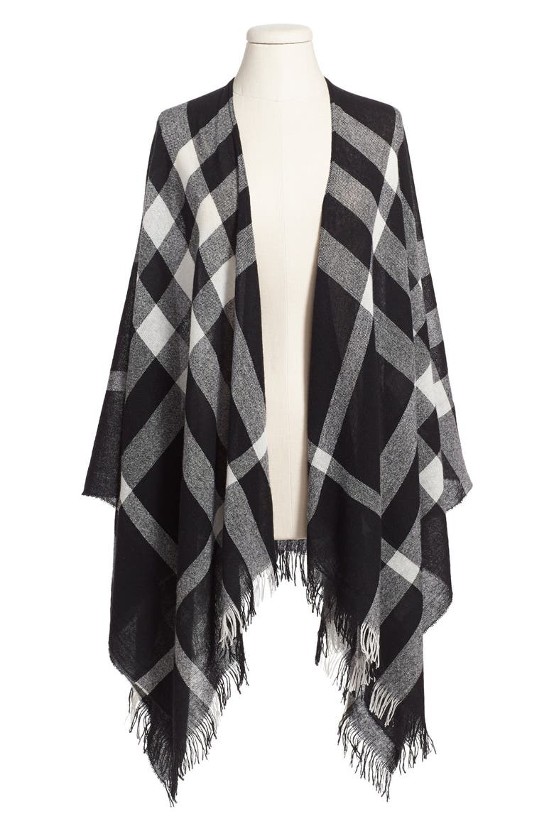 Plaid Wool Poncho Scarf, Main, color, BLACK