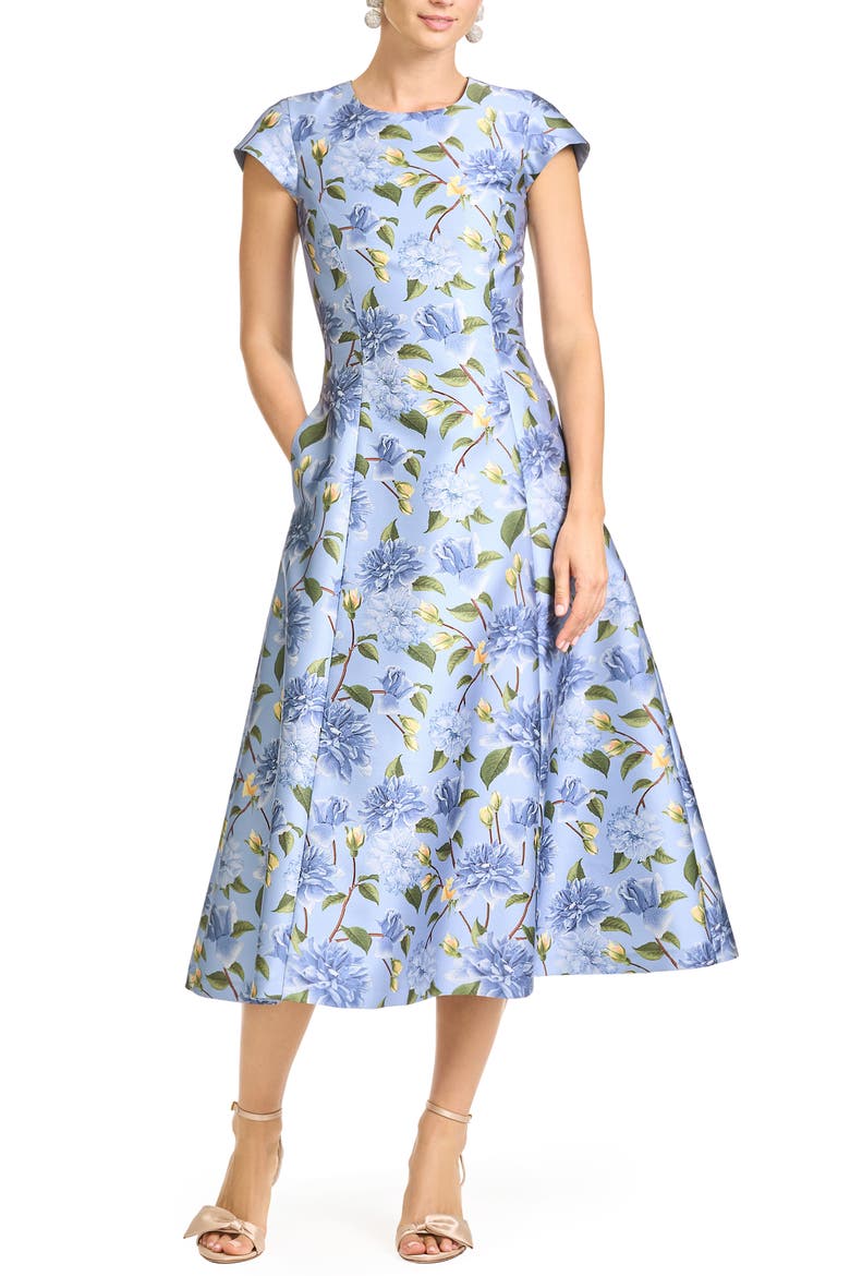 Jackie Floral Cocktail Midi Dress, Main, color, TWILIGHT PEONY