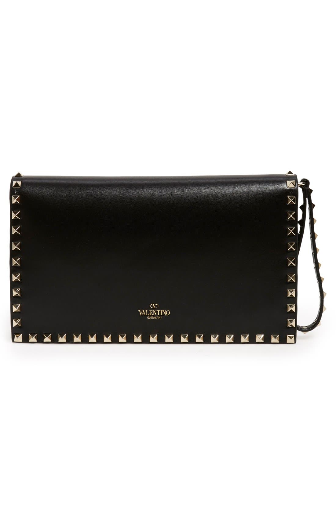Valentino Garavani Rockstud Leather Flap Clutch, Alternate, color, 