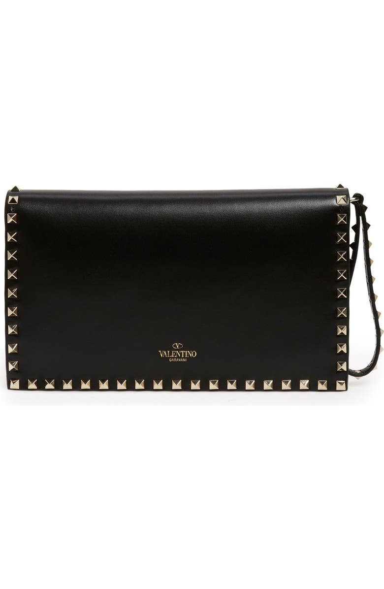 Valentino Garavani Rockstud Leather Flap Clutch, Alternate, color,