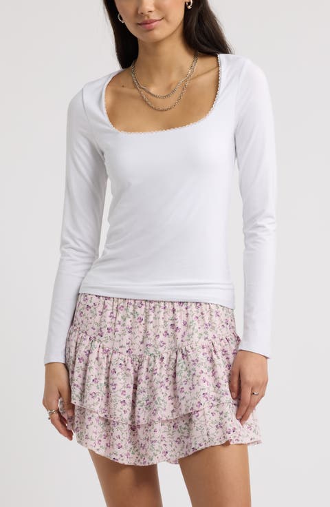 Lace Trim Square Neck Long Sleeve Top