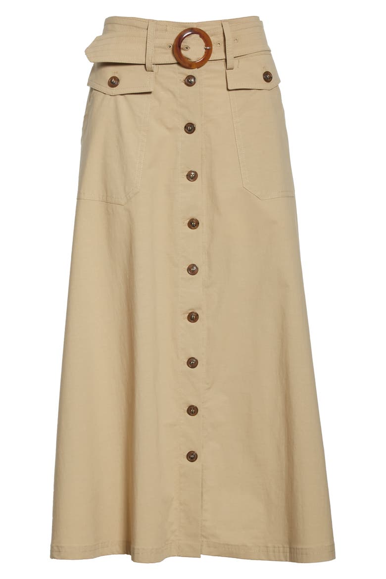 Button Front Midi Skirt, Alternate, color, KHAKI