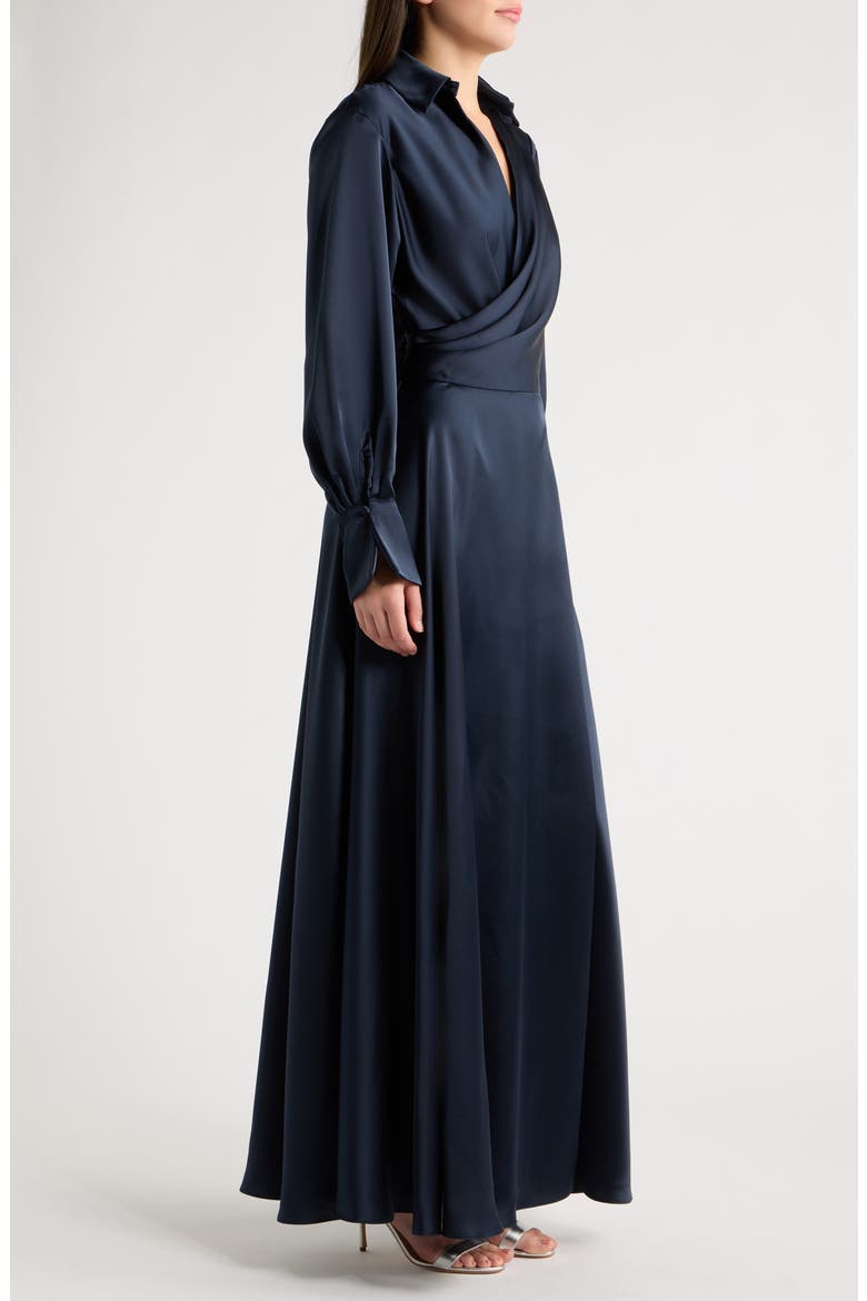 Spread Collar Long Sleeve Satin Gown, Alternate, color, NAVY
