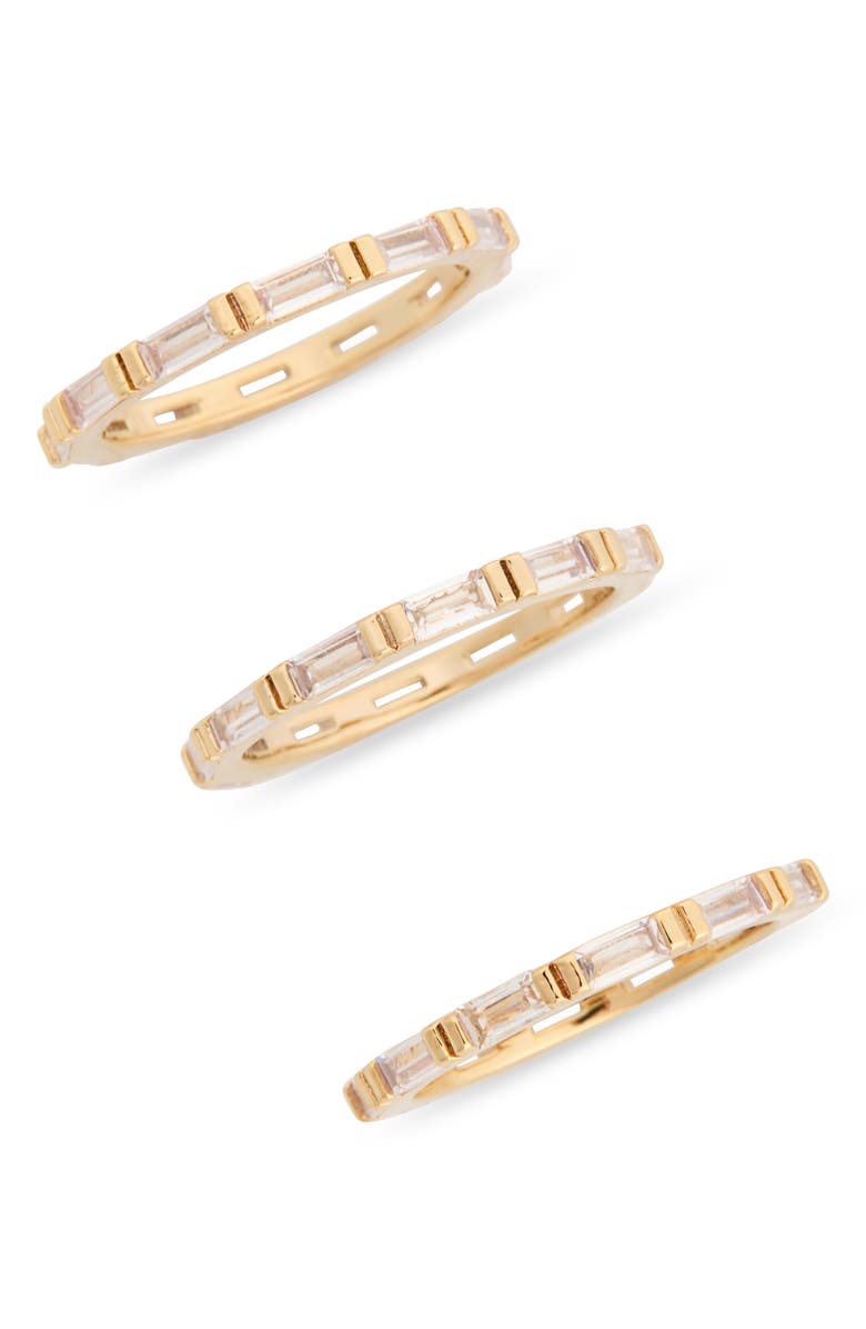 NORDSTROM RACK Set of 3 Baguette Cubic Zirconia Stackable Band Rings, Main, color, Clear- Gold