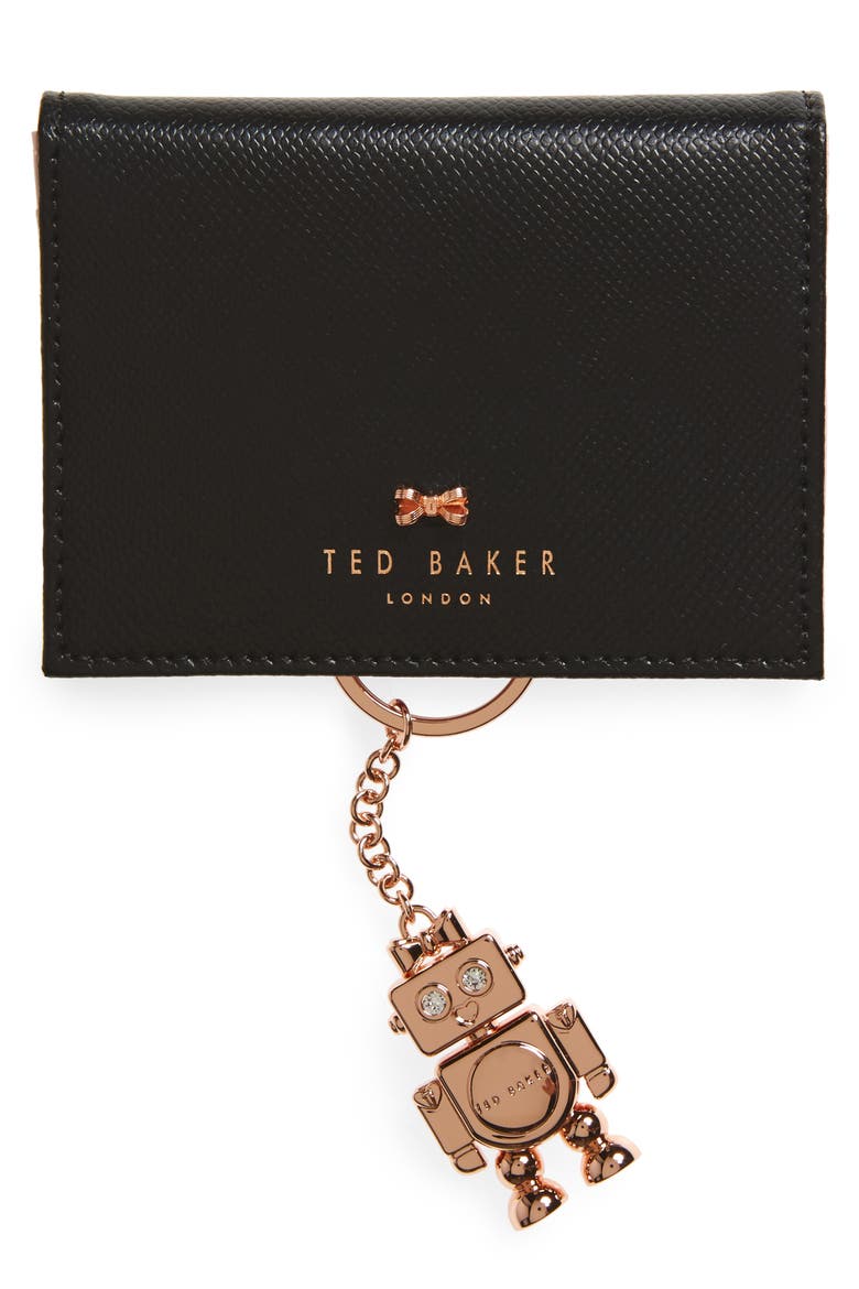 Leather Card Case with Robot Key Chain, Main, color, BLACK