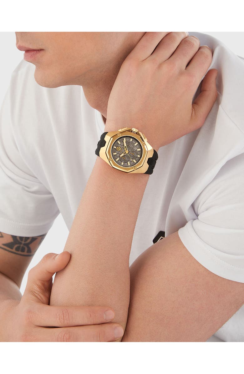PHILIPP PLEIN Octagon Silicone Strap Chronograph Watch, 44mm, Alternate, color, Ip Yellow Gold