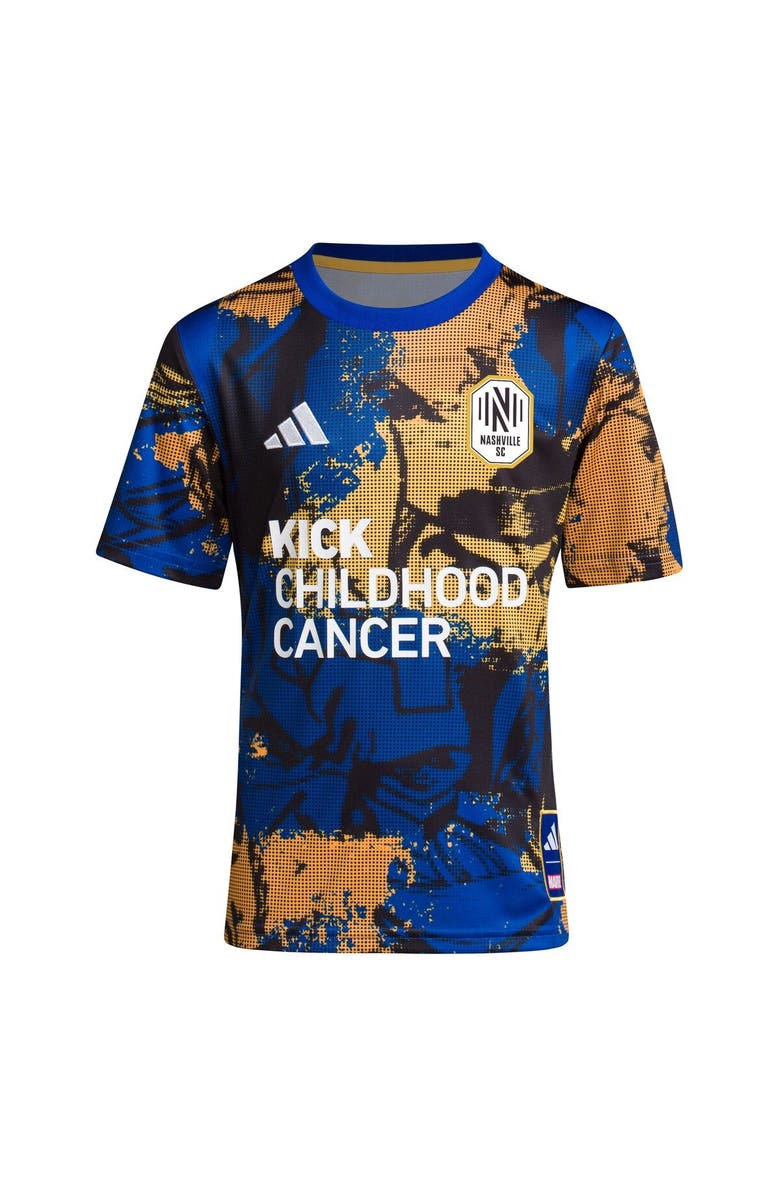 adidas Youth adidas Royal Nashville SC 2023 MLS Works Kick Childhood Cancer x Marvel Pre-Match Top, Alternate, color,