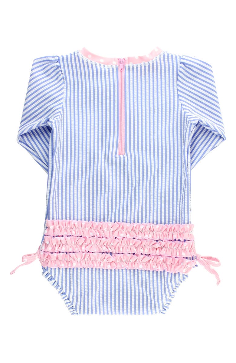 RuffleButts Seersucker One-Piece Rashguard Swimsuit, Alternate, color, Blue