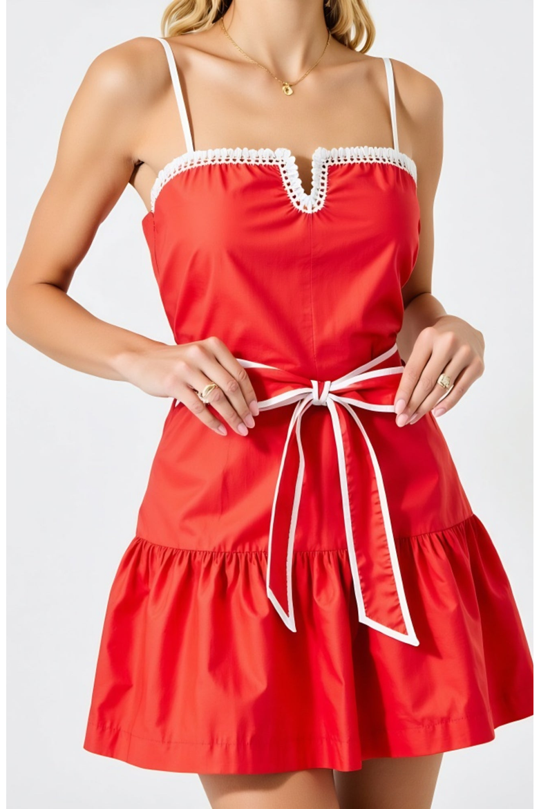 Spaghetti-Strap Crochet-Trim Tie-Waist Mini Dress, Alternate, color, Red