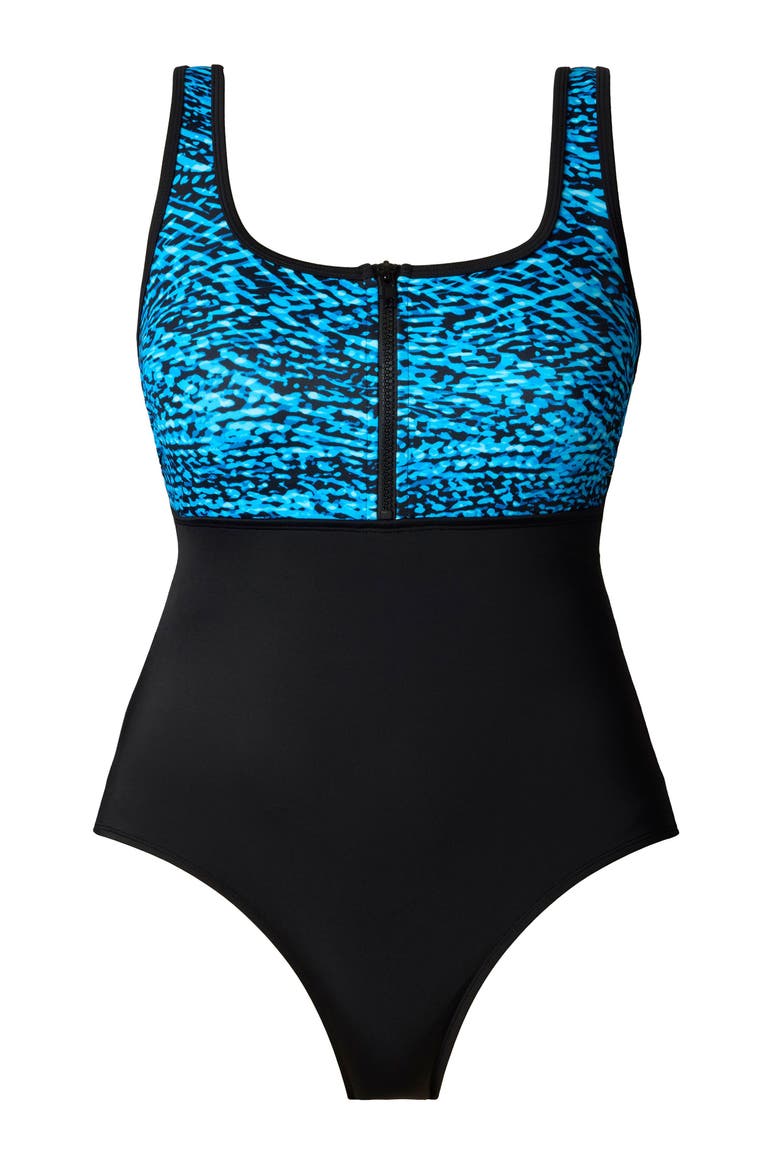 Scoopneck Zipper Tank Chlorine Resistant One-Piece Swimsuit, Alternate, color, Wild Waves