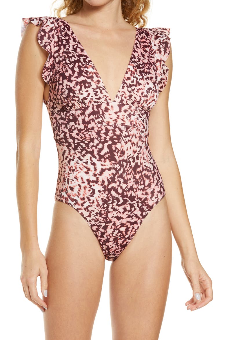 Flounce One-Piece Swimsuit, Main, color, PINK SOFT SKETCH TEXTURE
