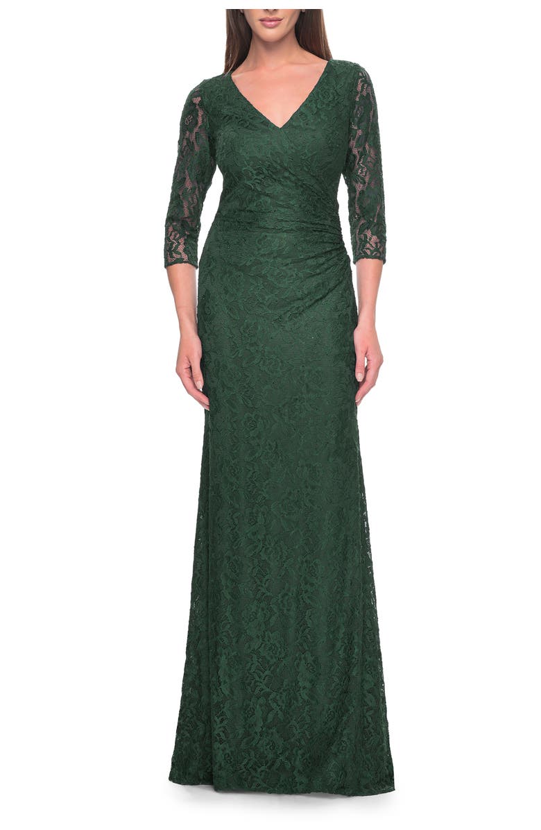 La Femme Stretch Lace Evening Dress with Ruching, Main, color, Dark Emerald