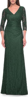 La Femme Stretch Lace Evening Dress with Ruching