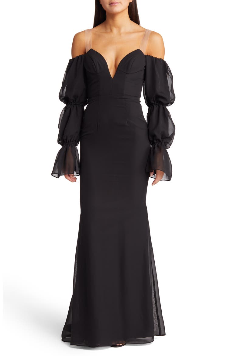 Estella Tiered Long Sleeve Strapless Mermaid Gown, Main, color, BLACK