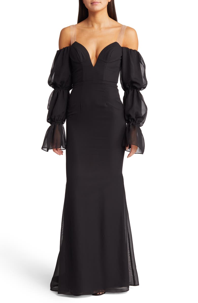 Katie May Estella Tiered Long Sleeve Strapless Mermaid Gown, Main, color, 