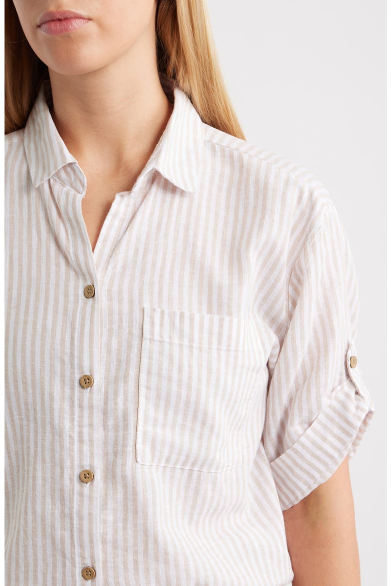 Mason Short Sleeve Stripe Button-Up Shirt, Alternate, color, KHAKI SAND