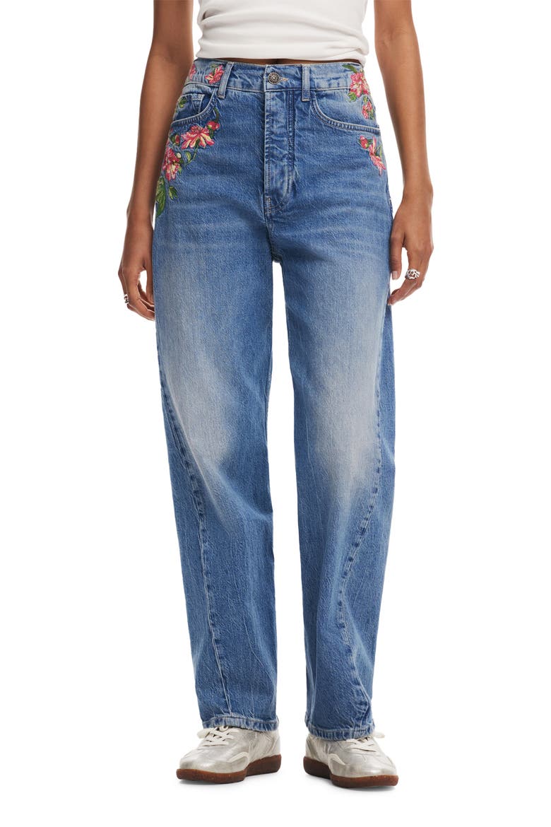 Carina Embroidered Straight Leg Jeans, Main, color, BLUE