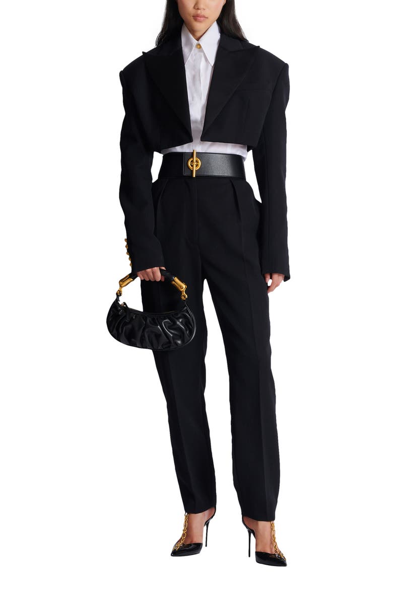 Balmain Cropped grain de poudre jacket, Alternate, color, Black