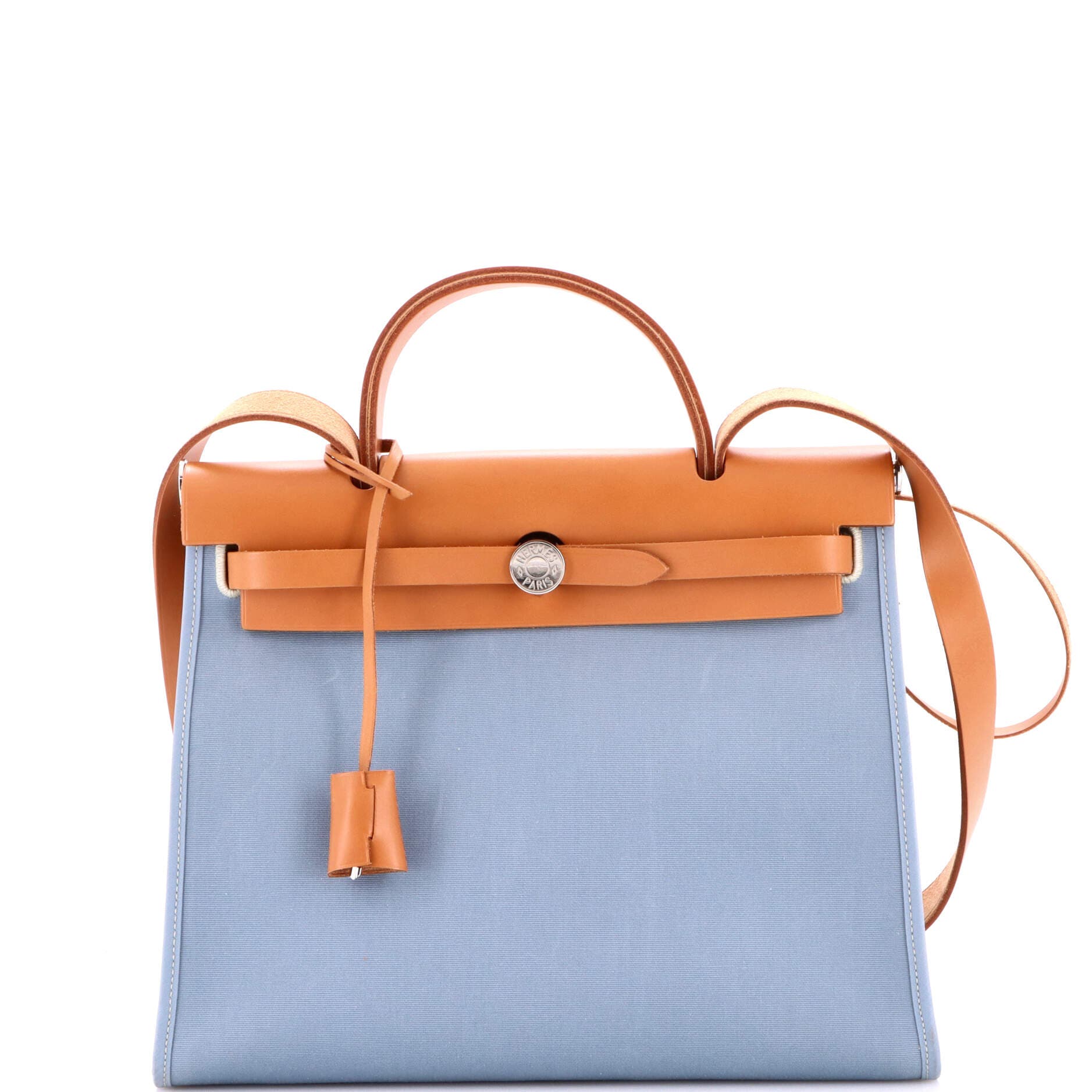 Pre-Owned Hermes Herbag Zip Leather and Toile 31, Main, color, Bleu Lin