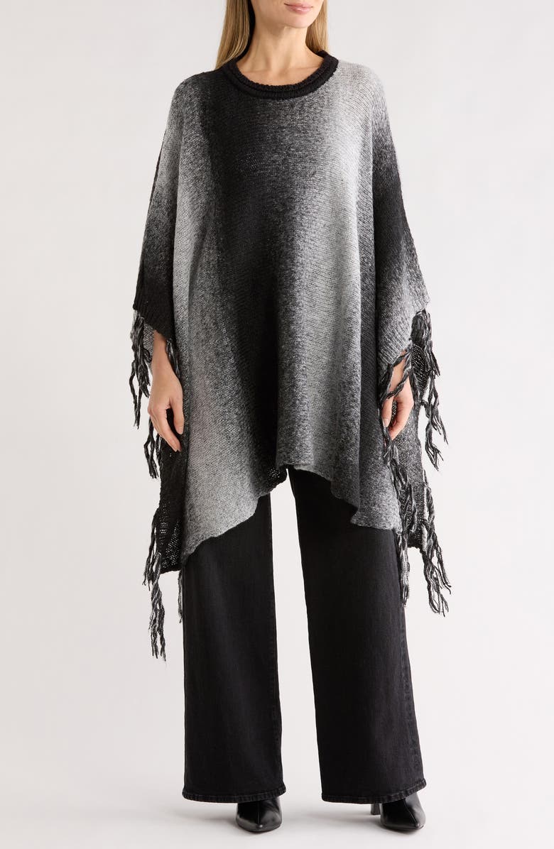 La Fiorentina Ombré Fringe Trim Poncho, Main, color, Grey