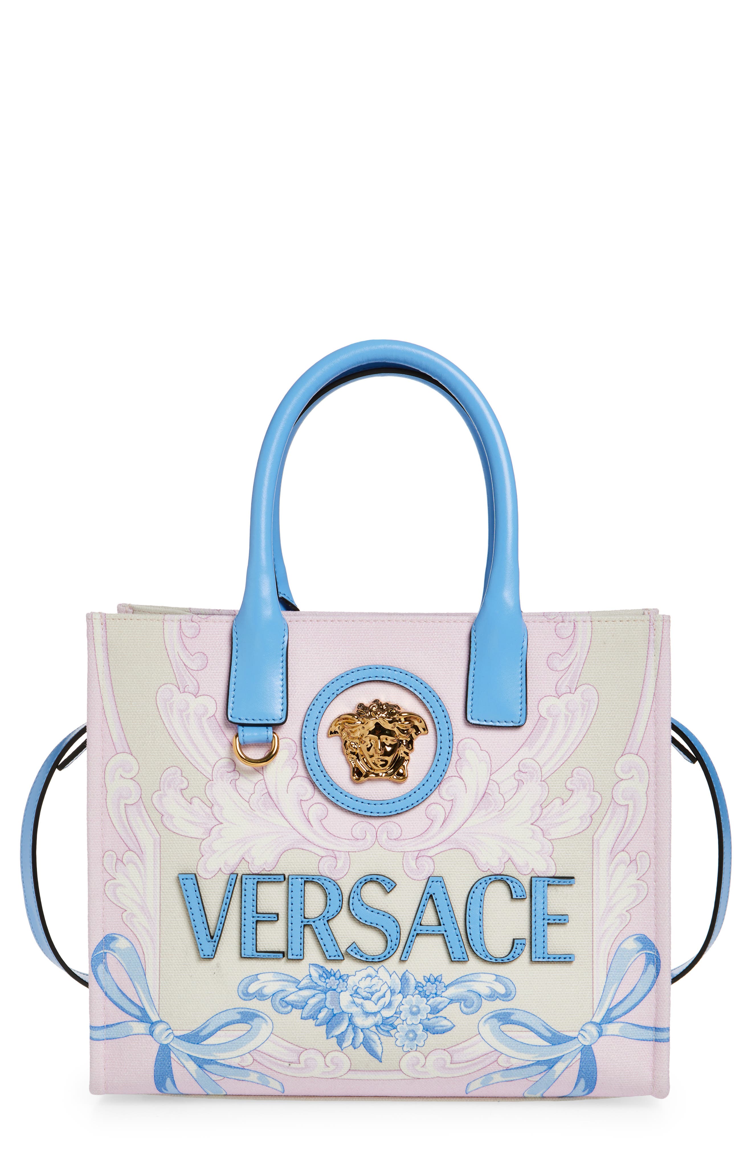 Versace Small La Medusa Cameo Canvas Tote, Main, color, 