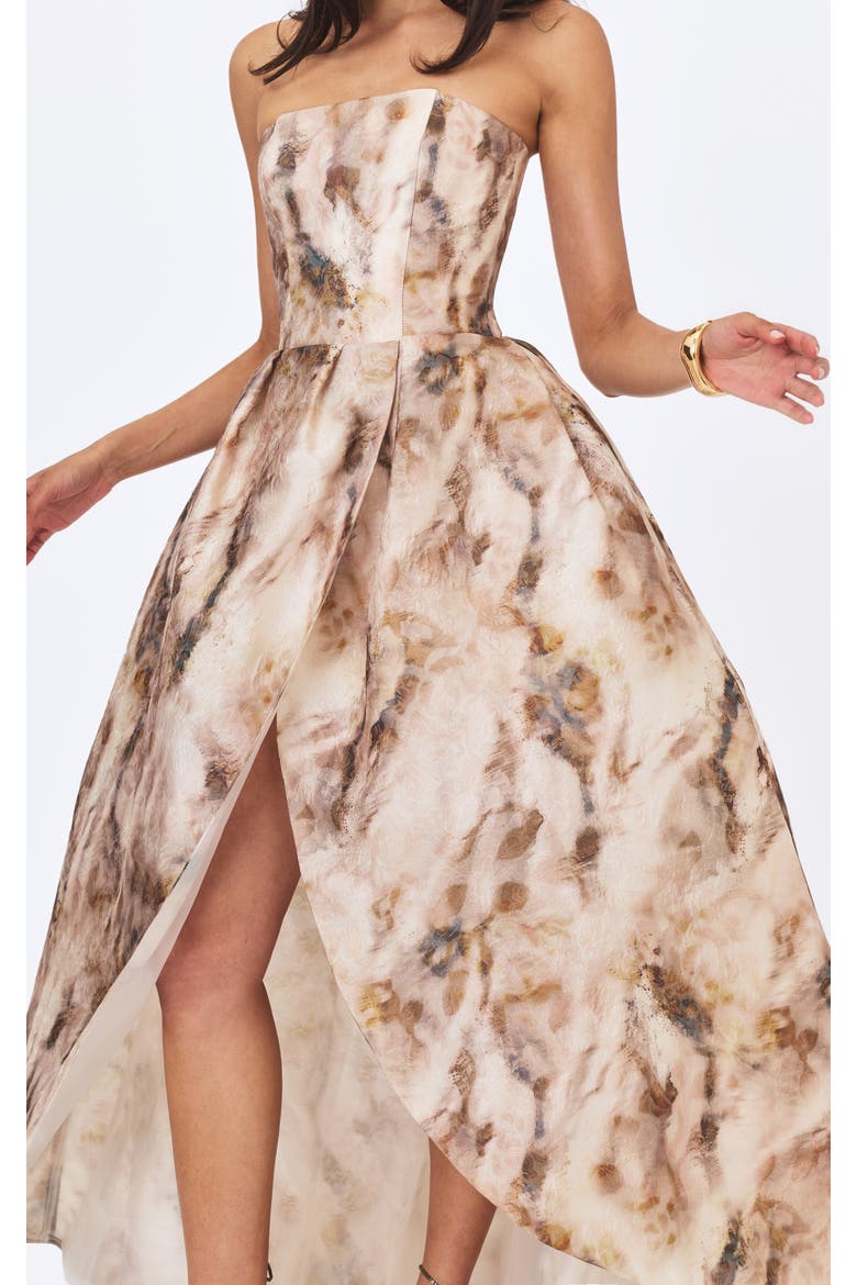 Micaela Watercolor Jacquard Chiffon Dipped Hem Gown, Alternate, color, Camel
