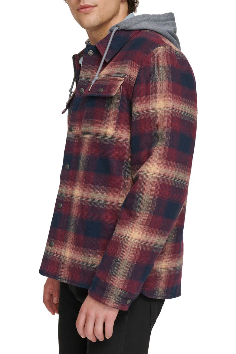 Plaid Faux Shearling Lined Jersey Hood Shirt Jacket, Alternate, color, RED OMBRE