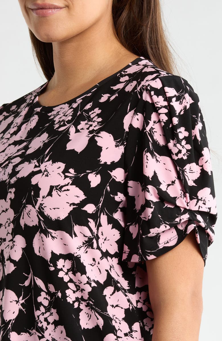 AK ANNE KLEIN Print Pleat Short Sleeve Top, Alternate, color, Anne Black/ Peony Pink