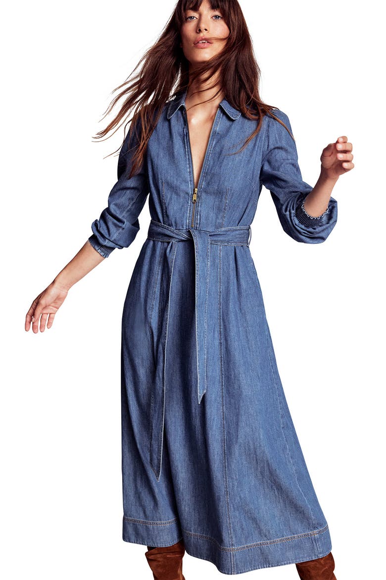 Front Zip Long Sleeve Denim Maxi Dress, Alternate, color, MID VINTAGE DENIM