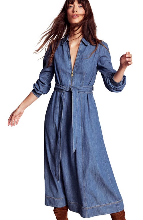 Boden Front Zip Long Sleeve Denim Maxi Dress In Green