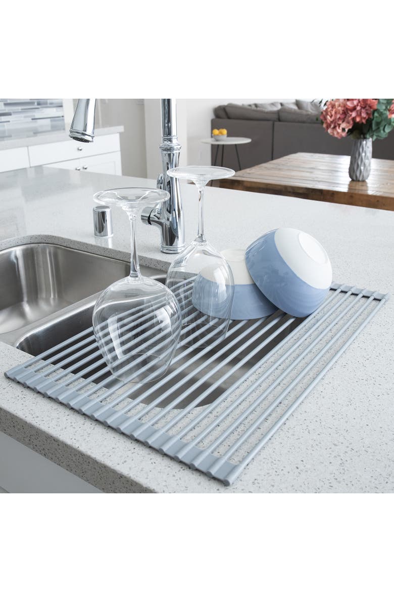 Over the Sink Roll Up Drying Rack, Silicone and Stainless Steel, Alternate, color, Gray
