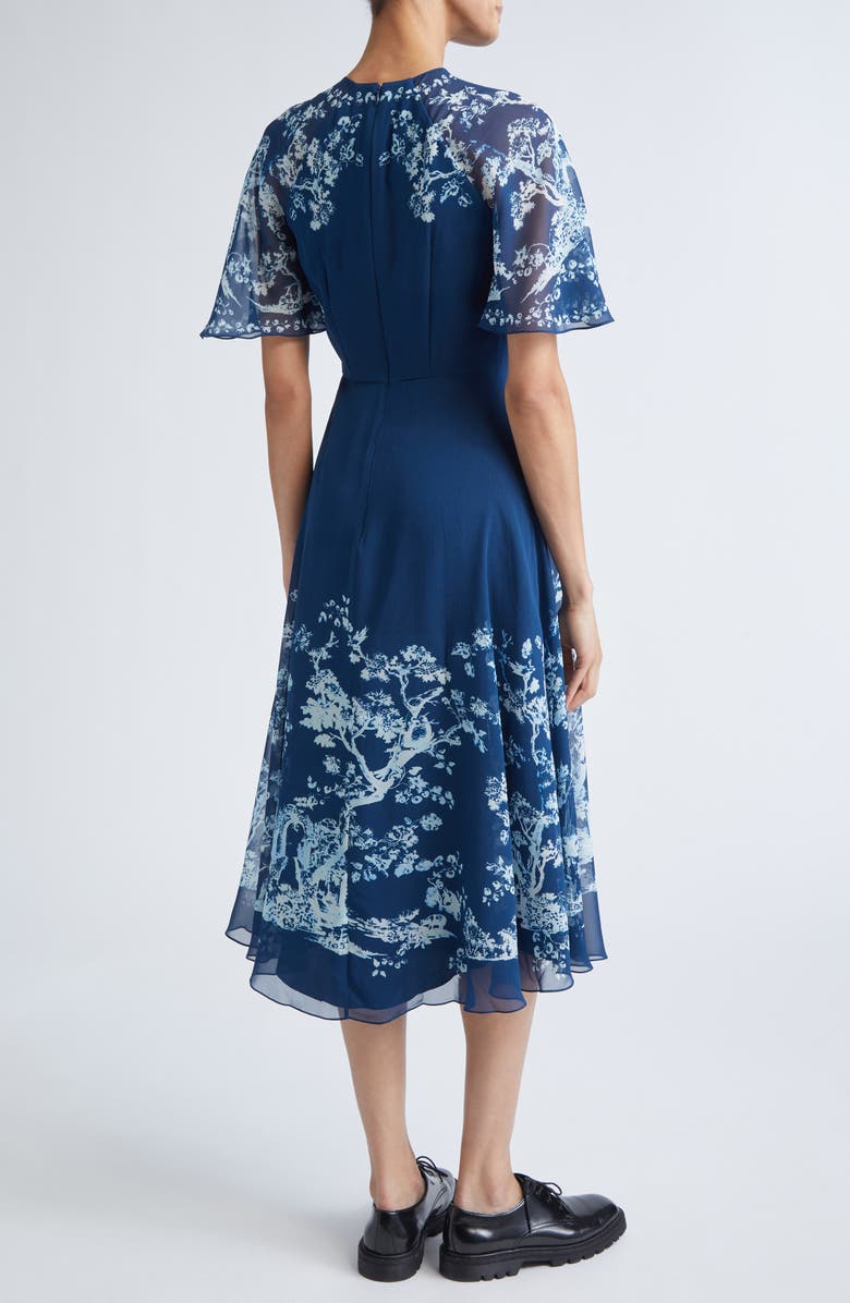 Erdem Flutter Sleeve Silk Voile Midi Dress, Alternate, color, Cyanotype Etching Navy