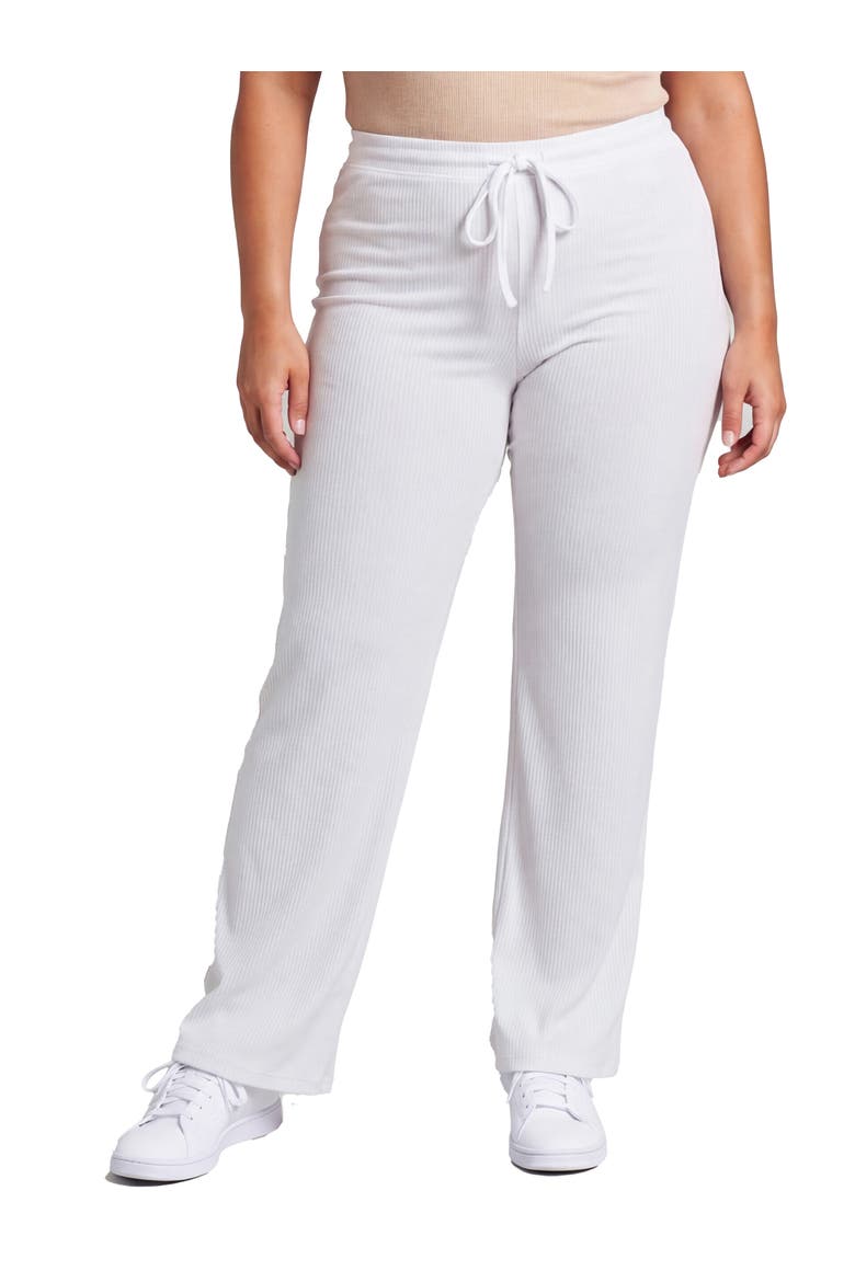 Curvy Basic Ribbed Knit Drawstring Straight Leg Lounge Pants, Main, color, White