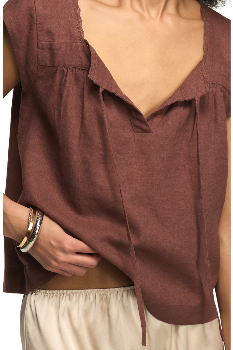 Lace Trim Tie Neck Linen Blend Top, Alternate, color, MARRON