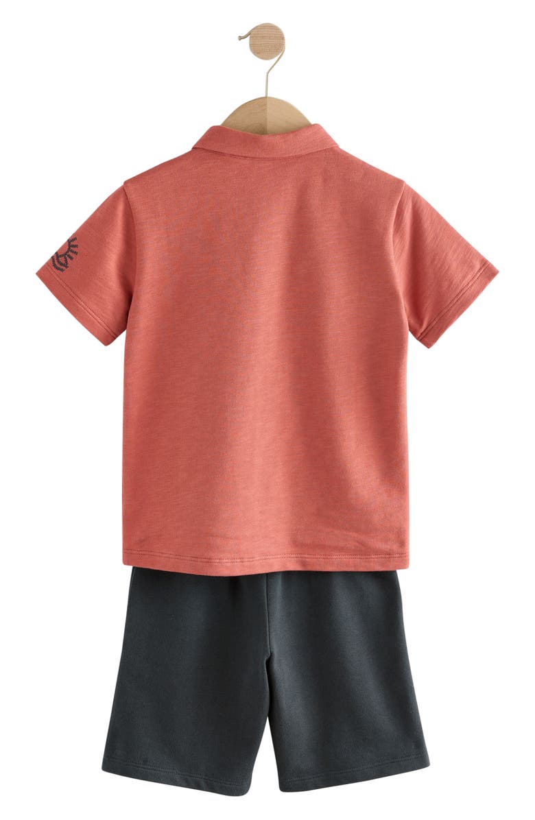 NEXT Kids' Embroidered Short Sleeve Knit Button-Up Shirt & Drawstring Shorts Set, Alternate, color, Dark Coral/ Black