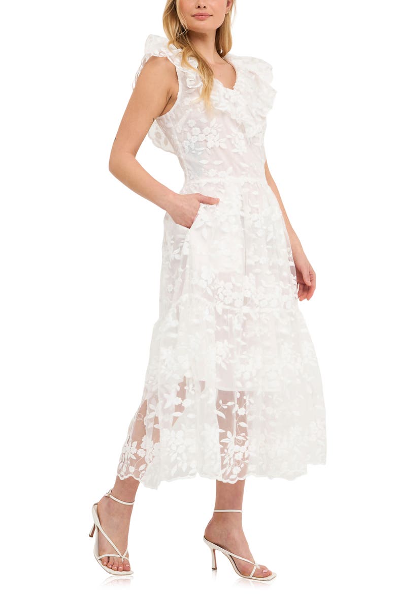 Floral Organza Midi Dress, Alternate, color, OFF WHITE