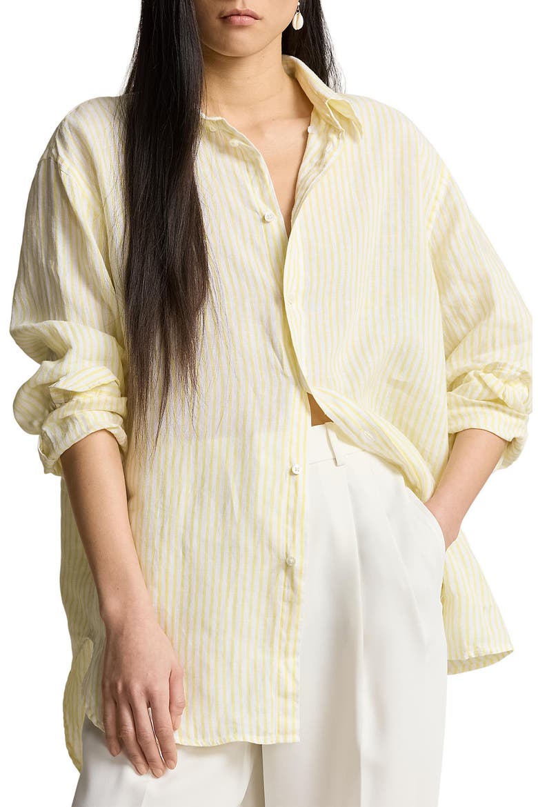 Oversize Stripe Linen Button-Down Shirt, Main, color, COASTAL YELLOW/ WHITE