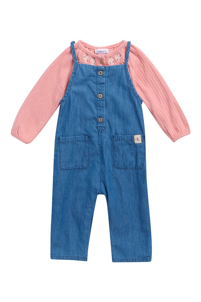 Long Sleeve Top & Denim Romper Set, Main, color, BLUE MULTI