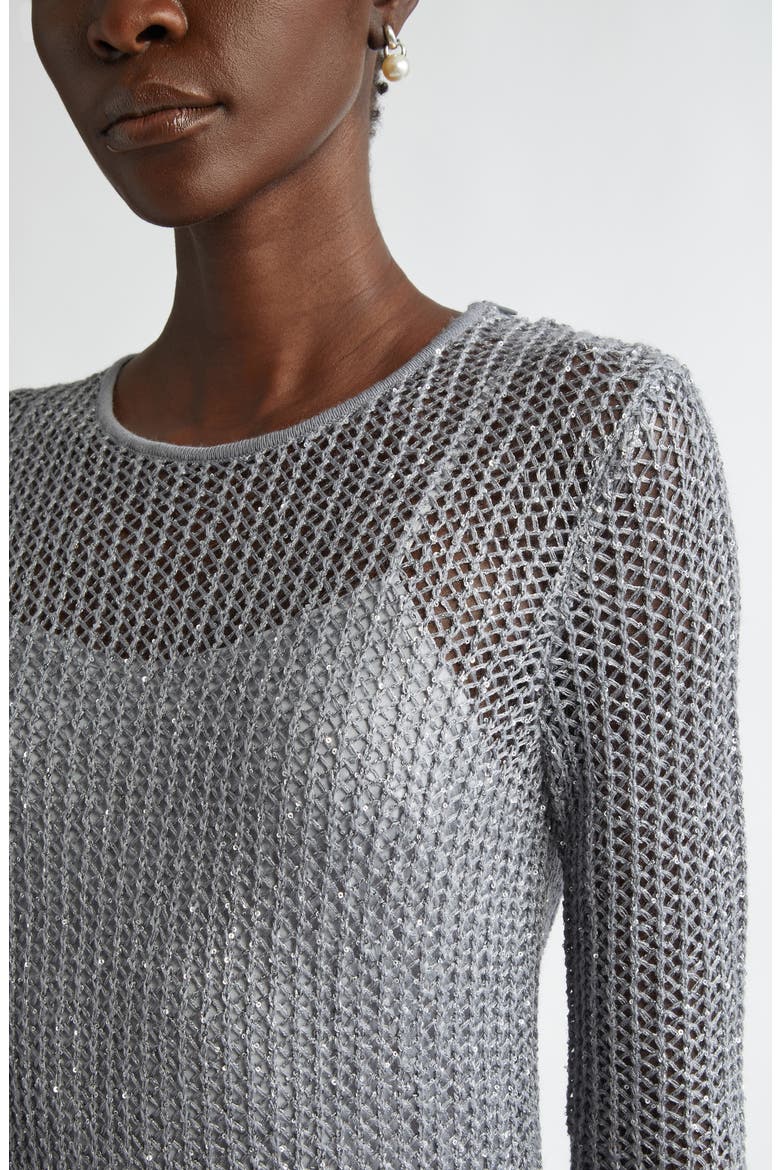Sequin Long Sleeve Mesh Knit Gown, Alternate, color, SILVER