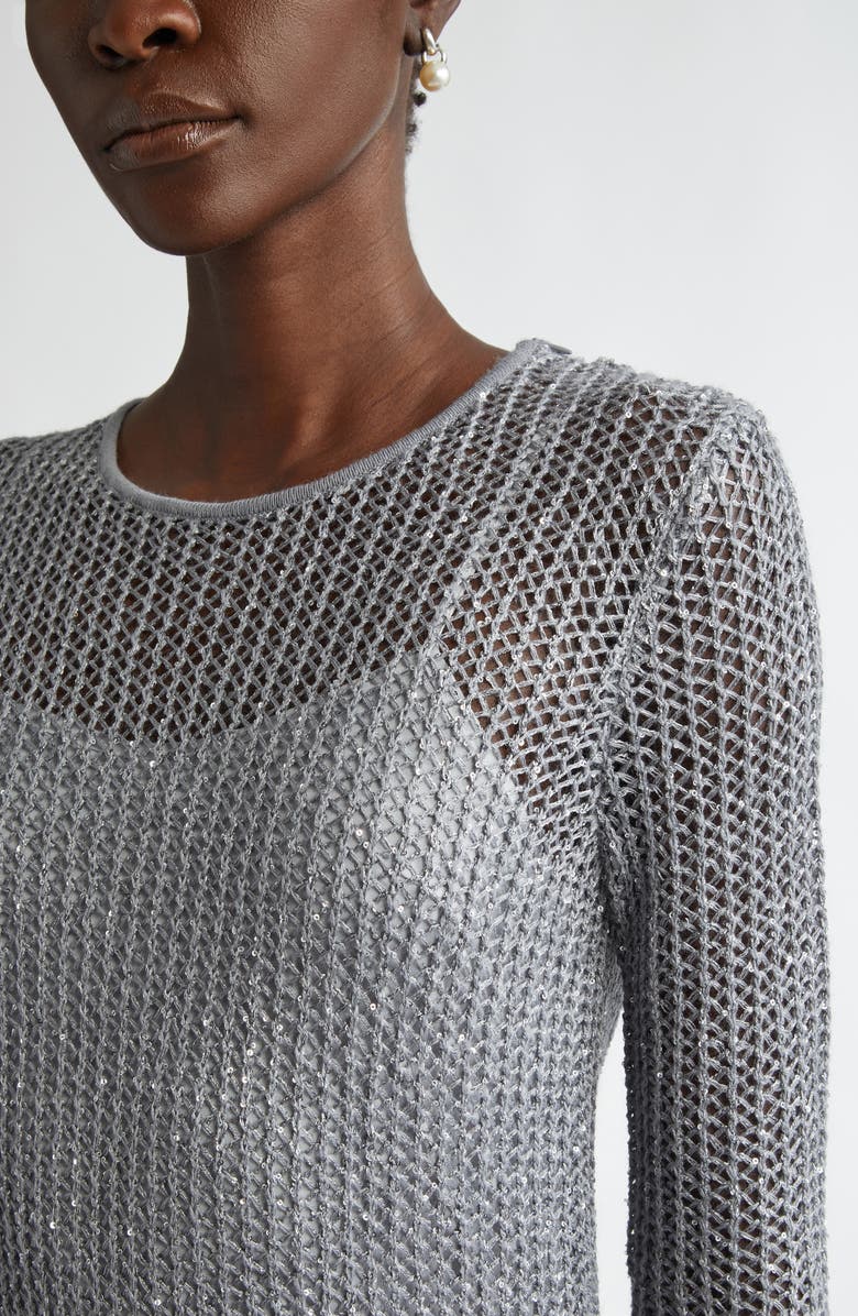ST. JOHN Sequin Long Sleeve Mesh Knit Gown, Alternate, color, Silver